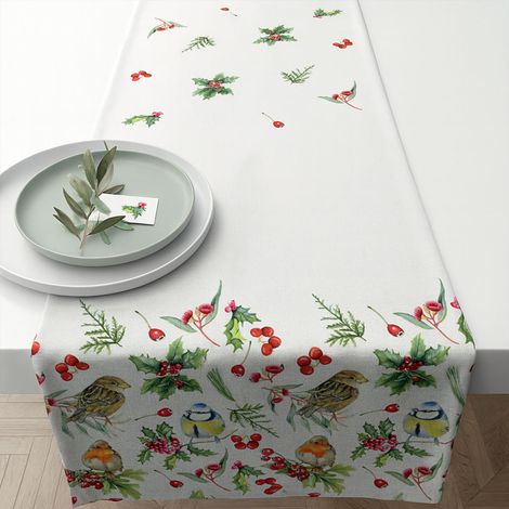 Chemin de table en coton oiseaux et baies 40 x 150 cm (1/4)