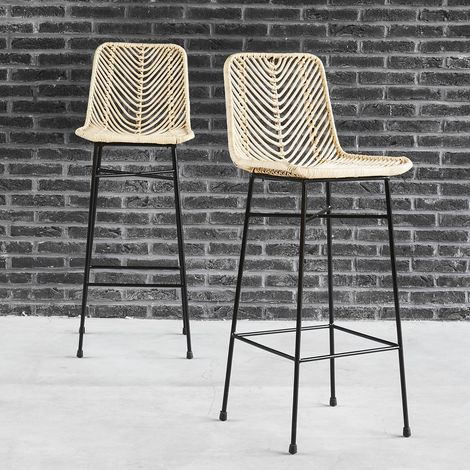 Lot de 2 tabourets de bar en rotin et métal