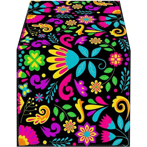 Chemin de table fleuri du Mexique, nappe décorative à motif floral et crâne pour Halloween ou une fête. (1/5)