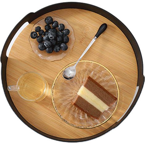 Multifunktionales, drehbares Serviertablett aus Bambus mit Griffen, ideal für Obst und Snacks, schwarz. (1/5)