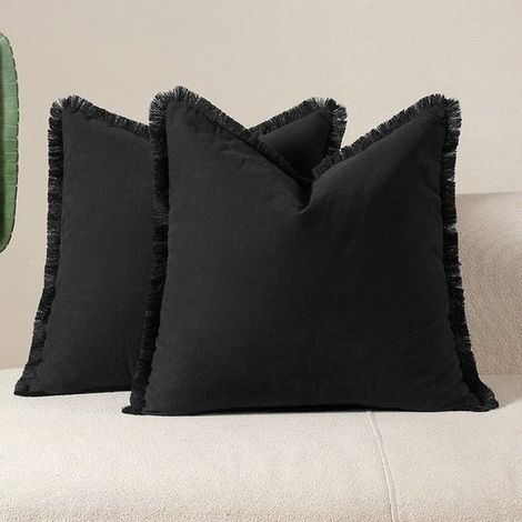 Set mit 2 dekorativen Kissenbezügen aus Leinen mit Fransen. Gemütlicher Boho-Landha,Wohnzimmer und Heimdekoration (45 x 45 cm),45 x 45 cm,Schwarz (1/5)