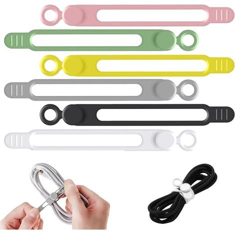 6pcs Organisateur de câbles de données 106mm, attaches de câbles en silicone réutilisables et élastiques pour regrouper et fixer écouteurs et chargeurs de téléphone (1/5)