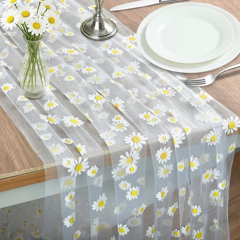 Chemin de Table, 75x300 CM Été Chemin de Table, Chemins de Tables Printemps, Chemins de Tables, Motif Marguerites, en Tulle Et Dentelle Brodés Blanc