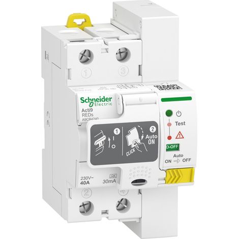 Schneider Electric – Interrupteur différentiel 2 pôles 40A 30mA type A – Protection ré-enclencheur – Montage sur rail DIN 35mm – A9CR4240