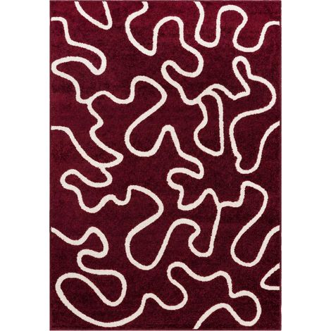 Tapis salon, 80 x 150 cm, motif abstrait en relief, bordeaux et beige, lignes organiques et graphiques