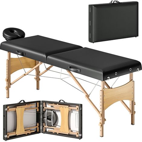 Klappbare 2-Zonen-Massageliege 70 cm schwarz mit verstellbarer Kopfstütze und Holzbeinen (1/4)