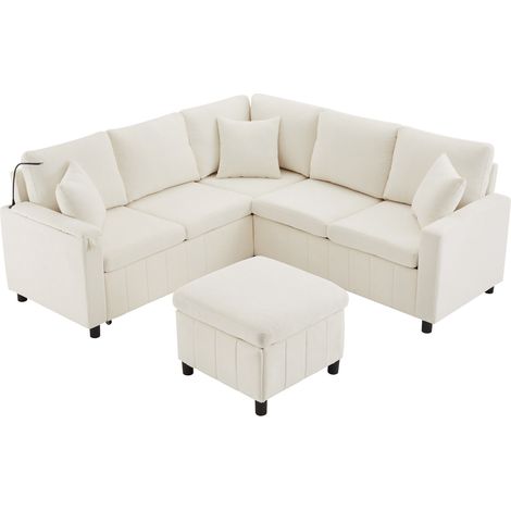 Canapé d’angle convertible en lit avec repose-pieds, lampe de lecture, ports USB & Type-C, table intégrée beige 205×205×85 cm (1/5)