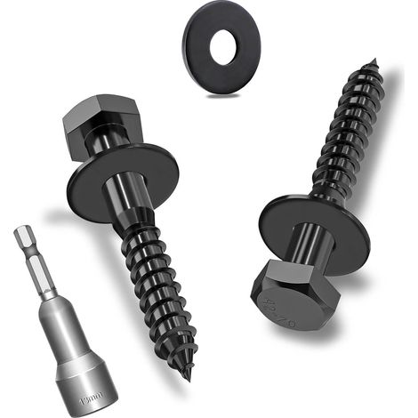 Lot de 12 vis à bois hexagonales M8 x 35 mm avec rondelles, vis hexagonales noires en acier inoxydable A2V2-DIN571, vis à clé avec rondelles et clé à douille (1/5)