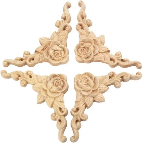 4-teiliges, geschnitztes Eckskulptur-Set aus Holz mit Intarsienrahmen für Eckbeleuchtung zur Dekoration von Wänden, Schranktüren usw., 15 cm (1/5)