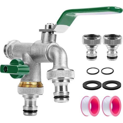 Robinet de jardin 1/2" - Double robinet avec 2 raccords de tuyau et 2 bandes d'étanchéité à tambour - Résistant au gel -20 °C - Pour jardin, maison - Vert (1/5)