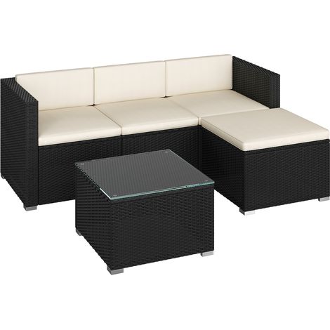 Homevive Juego de 5 Piezas Muebles de Ratán de Jardín con Cojines, Sofá de 3 Plazas, 1 Taburete y 1 Mesa de Café de Cristal Negro/Beige (1/5)