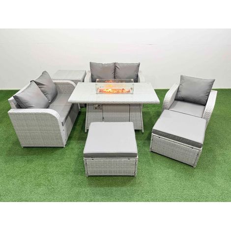 Fimous High Back Poly Rattan Garden Furniture Set with Reclining Chair Loveseat Sofa Firepit Dining Table Indoor Outdoor Patio Set 2 Big Stool Side Table Light Grey (1/4)