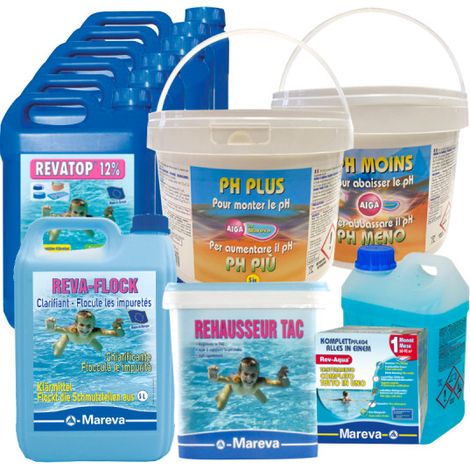 Pack MAREVA Kit Rev-Aqua 60 bis 90 m3 - 6er-Set Algizid Ravatop 12 % - TAC-Erhöhung - Flüssiges Klärmittel 5 L - pH-S
