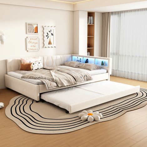 Daybett,140x200cm, Tagesbett, Schlafsofa, Ablagefach am Bett, USB+Typ C, Mit LED-Lichtleiste, Bett mit ausziehbarem Bett, Bett mit Lattenrost (ohne Matratze), Leinen, Beige