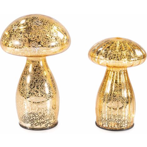 Lampada autunnale a funghi decorativi in vetro con luci LED da appoggiare in set da due pezzi, Grande: Ø 11 cm x 18 H