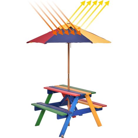 Set con tavolo picnic di legno e ombrellone per bambini, Tavolo e panchina con 4 posti e ombrellone pieghevoli (1/4)