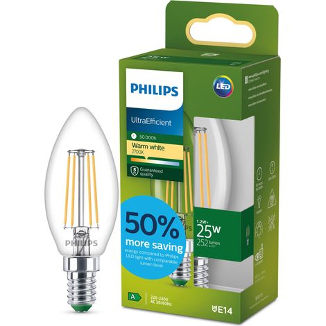 Ampoule LED Filament Claire B35 Bougie, Petit Culot Edison E14, Classe Énergétique A, 252 lm, Équivalent 25W, Blanc Chaud (2700K), 50 000 Heures, 1 Pack (1/5)