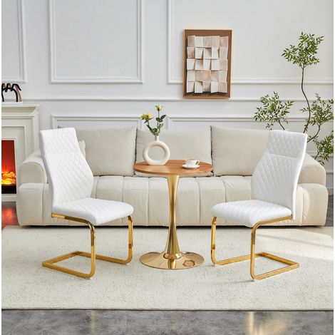 Ensemble table ronde 60 cm en MDF effet bois avec 2 chaises blanches, pieds or (1/5)