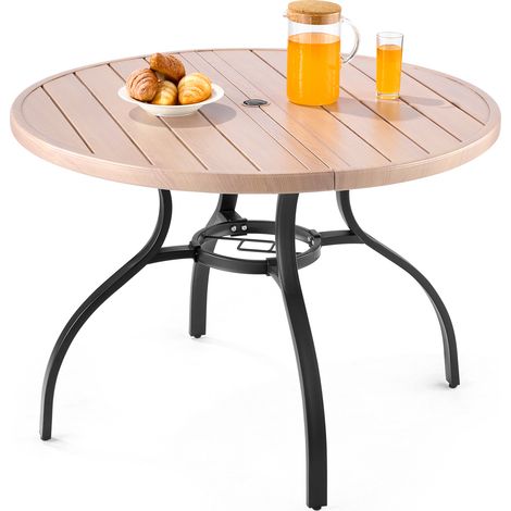 VEVOR Tavolo da Pranzo per Esterni, Tavolo da Caffe da Giardino Rotondo con Doghe in Acciaio Effetto Legno da 103 cm, con Foro per Ombrellone da 38 mm, Mobili da Esterno per Prato, Giardino