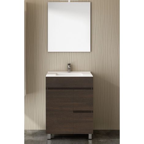 Meuble de salle de bain à poser TEMIS avec miroir et lavabo - 2 tiroirs avec poignée à gorge et un espace de rangement avec portes - 60cm - CHÊNE ÉVASION