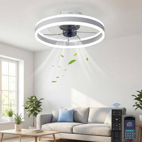 Ventilateur de plafond blanc de 50 cm et 30 W avec éclairage LED intégré. Propose 3 températures de couleur et 6 vitesses de ventilation. Compatible avec une application et une télécommande. Fonctionn (1/4)