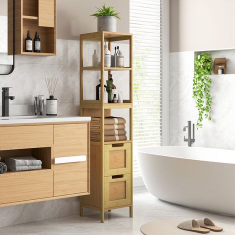 Naturel 30x30x144,3 cm - Placard de salle de bain haut doté de 3 étagères et 2 tiroirs en bambou Style moderne