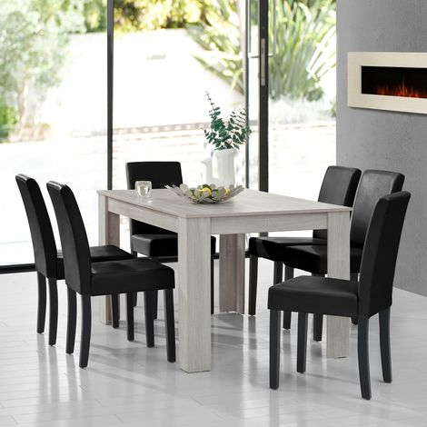 [En.Casa] – Ensemble table à manger chêne blanc 140 x 90 cm avec 6 chaises simili-cuir noir – Design contemporain – Facile à entretenir et durable (1/5)