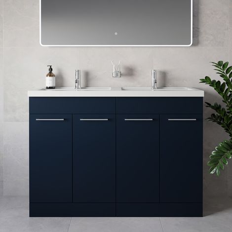 Napoli 390 Deep Blue 1200mm 4 Door Vanity Unit with Double Lucia Basins - 1200mm - Chrome 160mm Handle