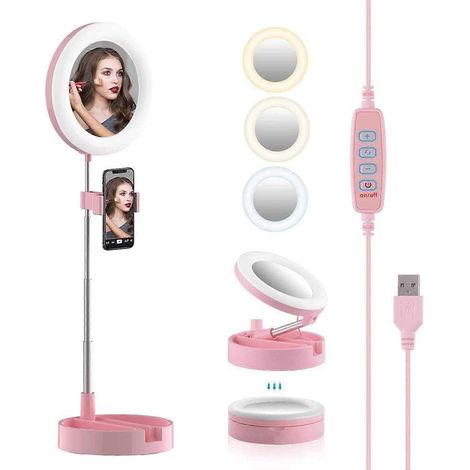 Anneau lumineux LED 2024 avec miroir et support pour téléphone, 3 modes d'éclairage, extensible (1/4)