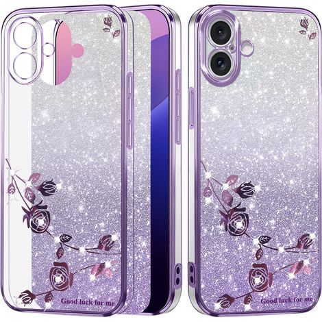 Custodia per iPhone 16, fiore glitterato, viola (1/4)