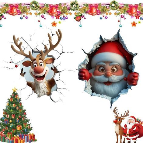 Weihnachtliche Wandtattoos – Weihnachtsdekoration – 3D-Weihnachtsmann (25 x 29 cm) und Weihnachtsrentier (39 x 40 cm) – Set mit 2 weihnachtlichen Wandtattoos (1/5)