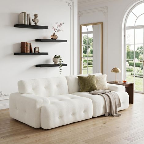 FurnitureR Wohnzimmer Set 2 Sitzer Sofa 224 cm mit 40 cm Wandregal gepolstertes Stoffsofa mit Wandablage modernes Möbel Set Creme Schwarz