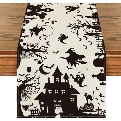 Nappe d'Halloween à motifs noirs et blancs, représentant une maison hantée, un arbre et une sorcière effrayante  décoration automnale pour la table de cuisine et la maison (33 x 183 cm). (1/5)