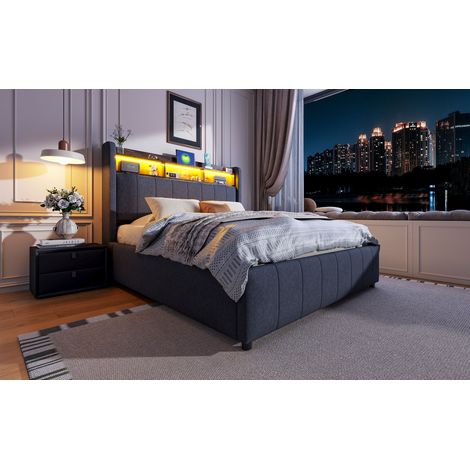 Lit en tissu lin gris 140x200cm avec éclairage LED et prise USB, tête de lit avec étagères et rangement, sommier à vérins hydrauliques pour stockage, lit double adulte (1/5)