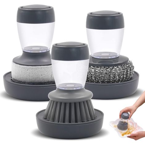 Set mit 3 Spülbürsten mit Flüssigkeitsbehälter, abnehmbare Spülbürste für Küchenutensilien, Schüsseln, Töpfe und Herdplatten (1/5)