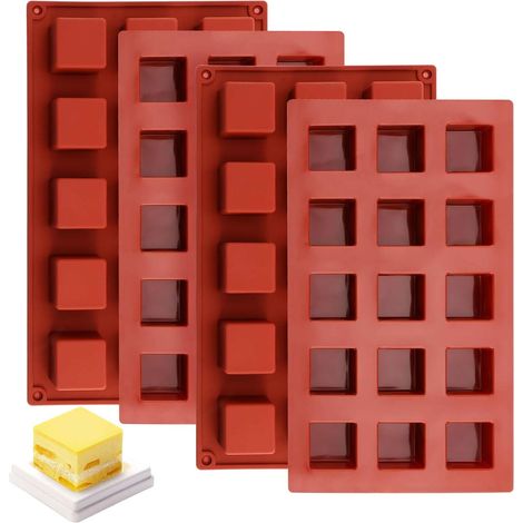 Lot de 4 moules à brownie en silicone rouge brique avec 15 grilles carrées pour glaçons, chocolats et biscuits (1/4)