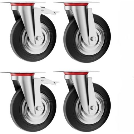 Lot de 4 Roulettes Fortes Charges 125 mm, 400 kg Capacité, 360° Pivotantes Silencieuses, 2 Freinées + 2 Pivotantes, Roues industrielles pour Transports, Meubles (1/5)