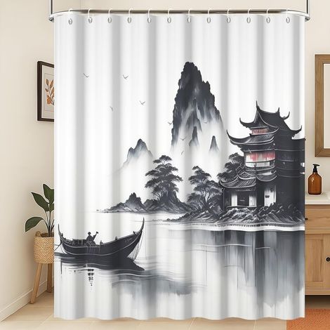Rideau de Douche à Peinture Japonaise Traditionnelle Rideau de Douche Peinture Asiatique à l'encre d'un bâtiment Japonais Montagne brumeuse Oie Sauvage Rideau de Salle de Bain 150x200cm (1/5)