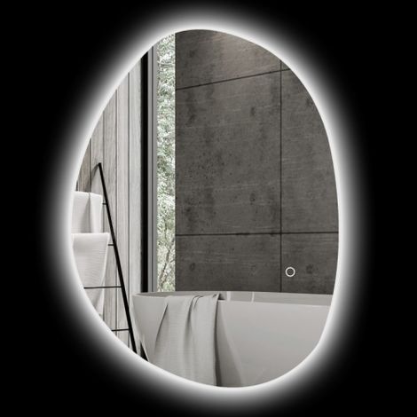 Specchio da bagno asimmetrico 70 x 50 cm con illuminazione LED integrata, comando touch e funzione antigoccia, finitura argento
