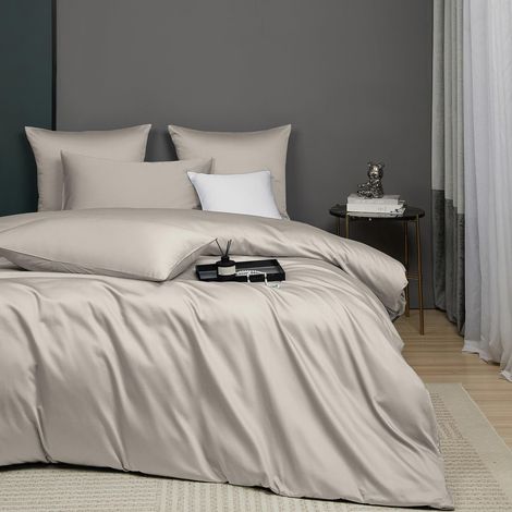 Parure de lit rafraîchissante en satin de coton mako 155 x 220 cm, motif kaki lisse, respirant, douce et infroissable, housse de couette unie et 2 taies d'oreiller 80 x 80 cm (1/5)