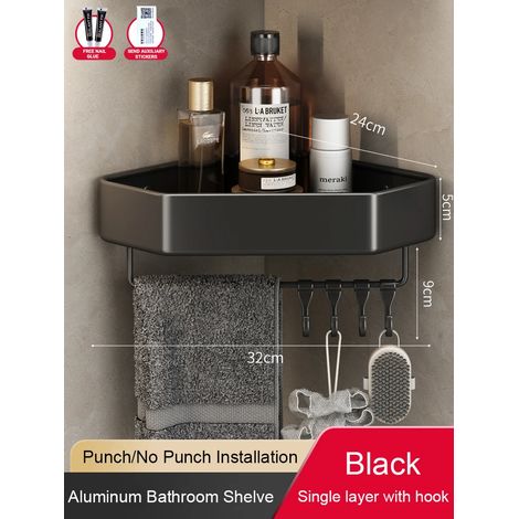 (1 Noir avec crochet) Étagère de salle de bain sans perçage, étagère d'angle en aluminium, panier triangulaire mural, organisateur de rangement pour salle de douche FR2006 (1/5)