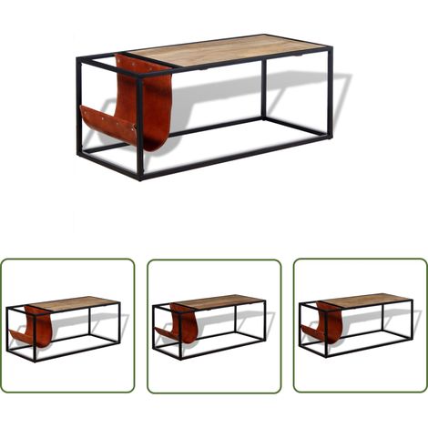 The Living Store Couchtisch mit Zeitschriftenhalter aus Echtleder 110x50x45 cm - Industriel Stil - Couchtisch - Holztisch - Mangoholz - Tisch Mit Schublade (1/5)