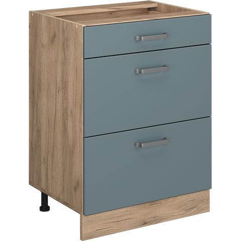 Mobiletto base per cucina R-Line, Grigio-blu, 60 cm con cassetti, senza piano di lavoro, Vicco