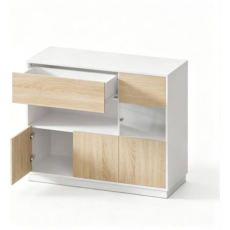 Credenza contenitore in legno ingegnerizzato bianco e rovere chiaro 100 x 80 x 40 cm HOMVRA (1/5)