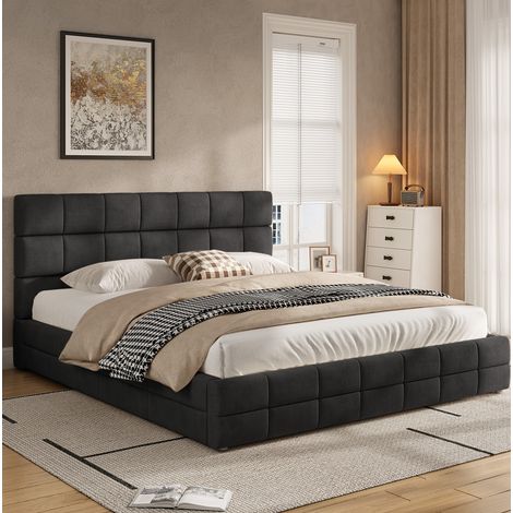 Bett 180x200 cm modern gepolstert, Schwarz, MDF & Sperrholz, mit Kopfteil und Lattenrost (1/5)