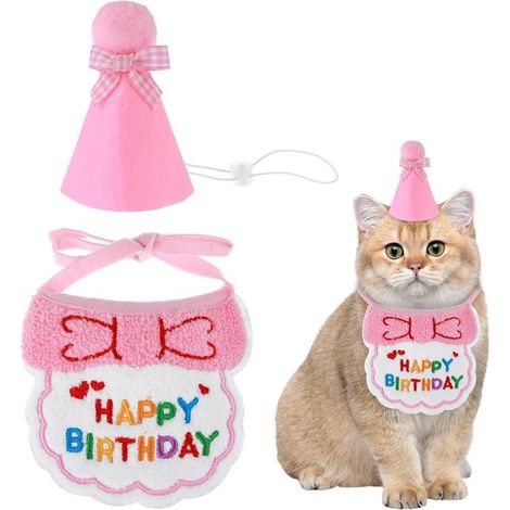 Set chapeau et écharpe d'anniversaire pour animaux - Pour petit chien ou chat - Bandana rose - Décoration de fête pour animal de compagnie (1/5)