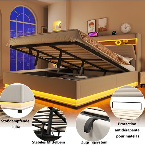 Cama acolchada, 180x200 cm, Cargador USB Tipo-C, Iluminación LED, Almacenamiento hidráulico, Compartimento con apertura de tapa abatible, Sin colchón, Botón/Control mediante App, Lino, Beige (1/5)