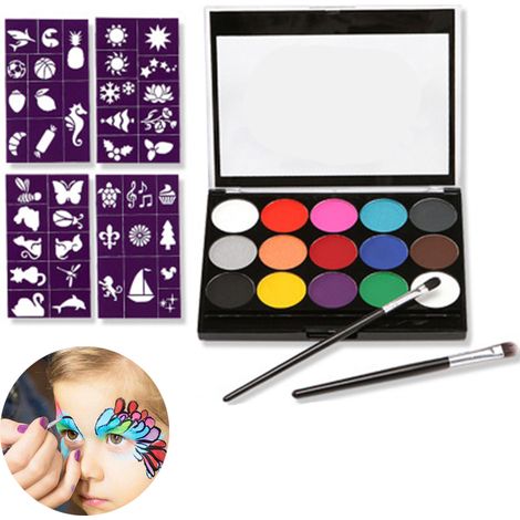 Palette de maquillage pour enfants « Body Children's Makeup Colours » (15 couleurs), 2 stylos et 4 pochoirs. Kit de maquillage pour le visage idéal pour les fêtes d'enfants et le carnaval. (1/5)
