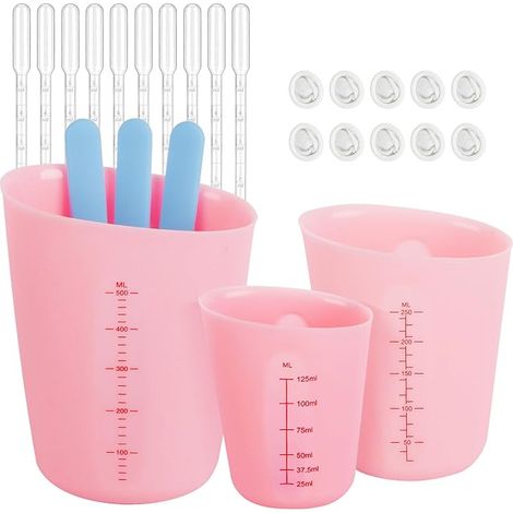 3 Pièces Tasses à Mesurer Silicone, Doseur Silicone, Silicone Gobelet Doseur, avec Bâtonnets à Mélanger, Manchons à Doigts, Compte Gouttes pour Moules Coulée, Cuisine(125ML/250ML/500ML) (1/5)
