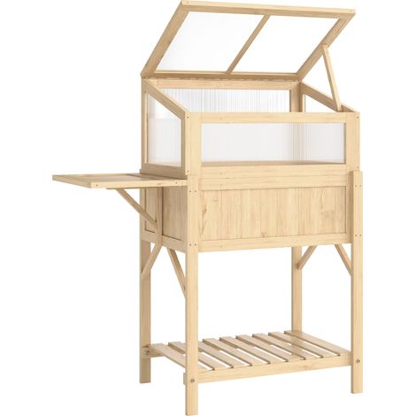 Carré potager surélevé en bois naturel avec serre, table latérale pliante et étagère, 104x50x120cm, bac à plantes avec pieds (1/5)